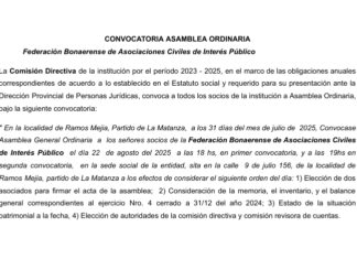 Convocatoria Asamblea Ordinaria de la Federación Bonaerense de Asociaciones Civiles e Interés Público